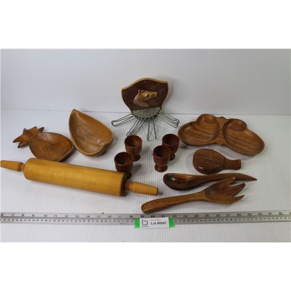 Lot of Wooden House Wares - Teak Egg Cups - Vintage Horse Tie Holder