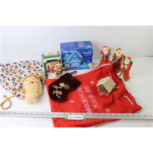 Red Christmas Bag - (3) Santa Candles - Icicle Lights in Box - Teddy Candle Holder in Box - Festive 