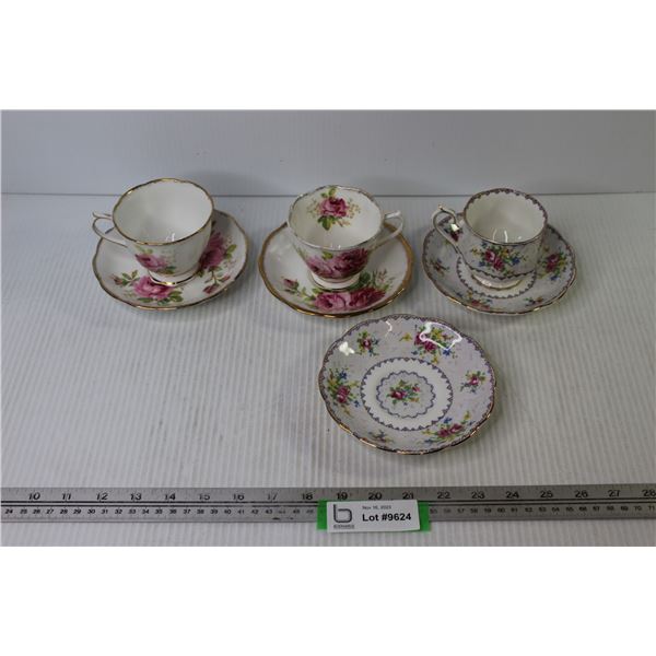 (2) Tea Cup w/Saucers (American Beauty) - (1) Tea Cup w/Saucers (Royal Albert)