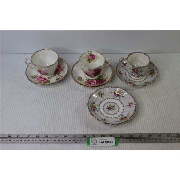 (2) Tea Cup w/Saucers (American Beauty) - (1) Tea Cup w/Saucers (Royal Albert)