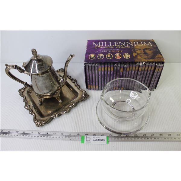 Millenium Classical Music Box Set - Plated Tea Pot w/Tray - Glass Connected Bowl & Plate