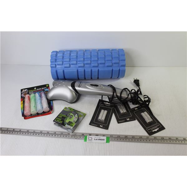 Exercise Roller - Dr. Scholl's Massager (working) - Aluminum Wire Sleeves - Sidewalk Caulk - Fishing