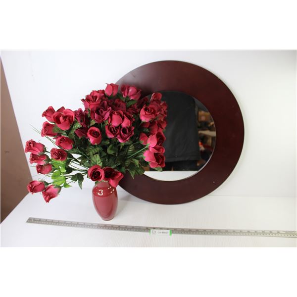 Round Framed Umbra Mirror - Ceramic Vase w/Faux Flowers