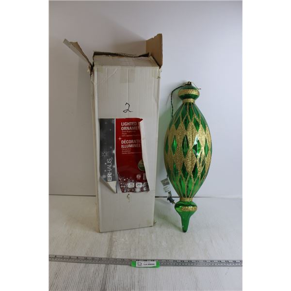 Green and Gold Finish Lighted Ornament - Has Crack, Works