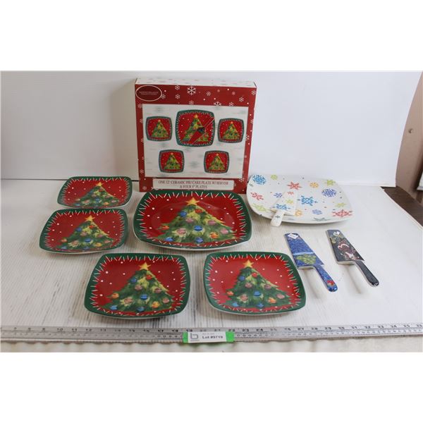 (2) 12  Christmas Ceramic Pie/Cake Platters, (3) Servers, (4) 8  Plates