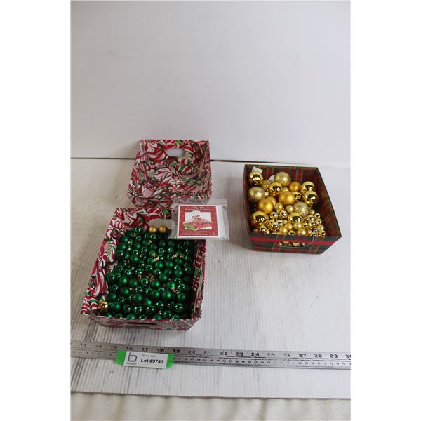 (2) Candy Cane Trays, Plaid Tray, (30+) Assorted Yellow and Green Ornaments