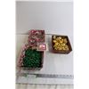 Image 1 : (2) Candy Cane Trays, Plaid Tray, (30+) Assorted Yellow and Green Ornaments