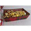 Image 6 : (2) Candy Cane Trays, Plaid Tray, (30+) Assorted Yellow and Green Ornaments