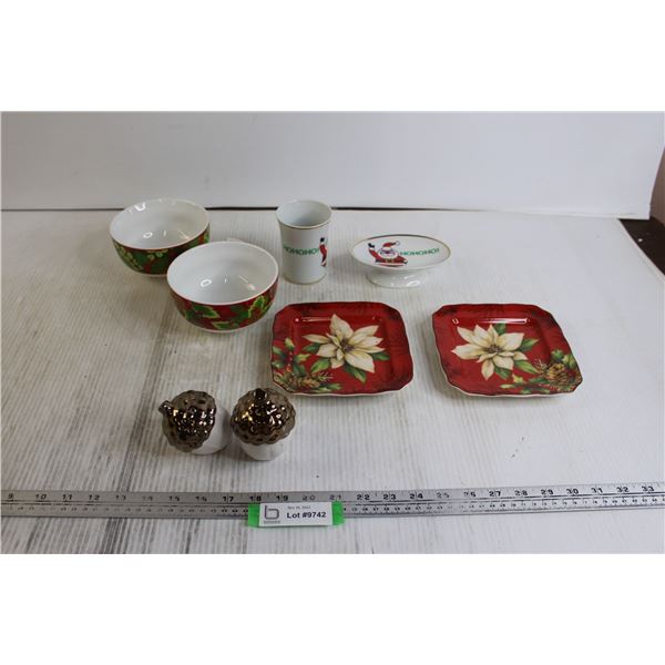 Acorn Salt and Pepper Shakers, (2) Christmas Bowls, (2) Christmas Plates, Santa-Themed Cup and Soap 