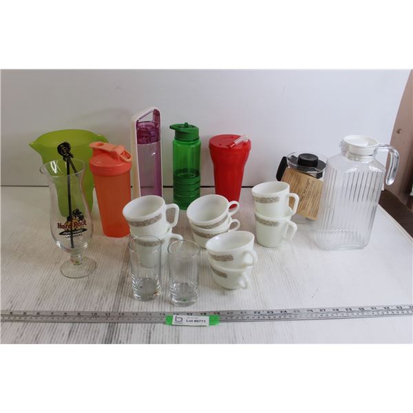 Hard Rock Hurricane Glass with Stir Stick, (2) Plastic Water Bottles, (4) Pyrex Mugs, (4) Pyrex Teac