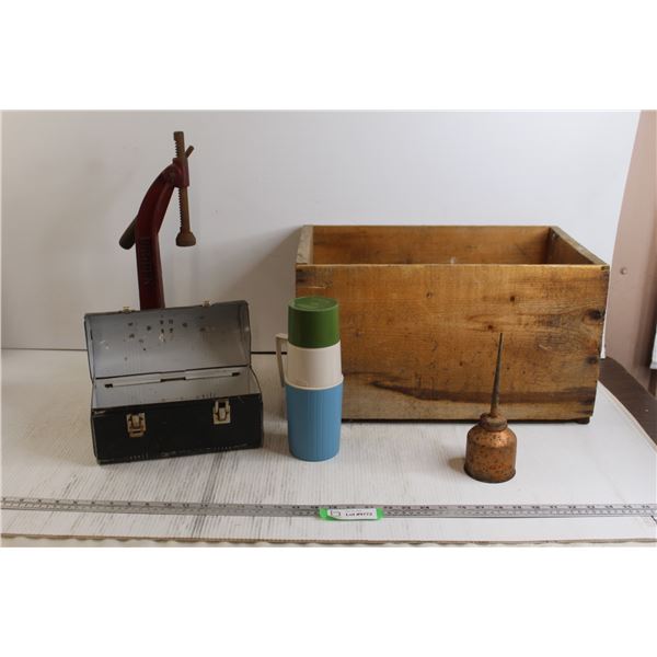 Tin Toolbox, Oiler, Big-Ben Wine Bottle Capper, Wooden Box, Thermos