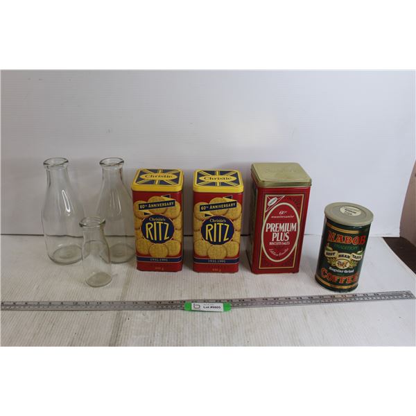 (2) 60th Anniversary Ritz Tins, 60th Anniversary Premium Plus Tin, Nabob Coffee Tin, (3) Glass Milk 