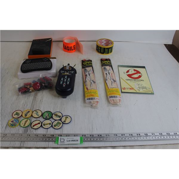 (11) Jello Coins - Cars and Planes, H9 Mini Keyboard, Caution Roll, Fragile Roll, Star Wars CommTech