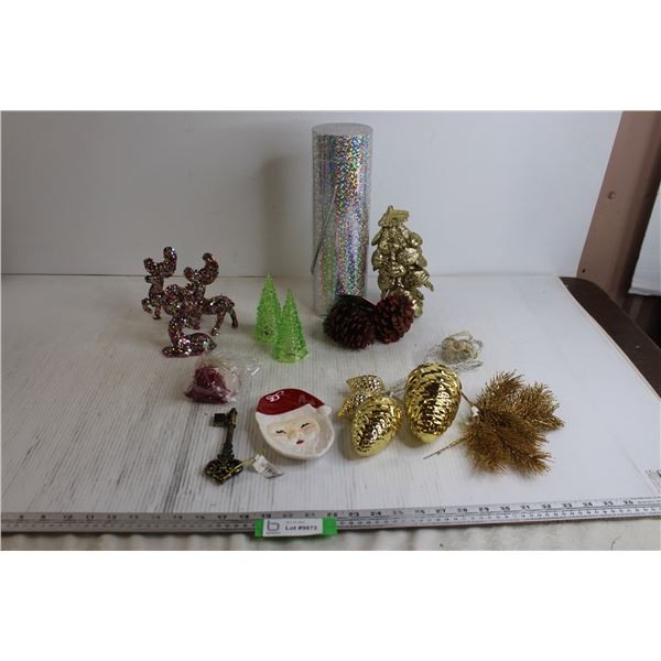 Assorted Christmas Items - (3) Glittery Reindeer, (2) Light-Up Small Trees - Works, Key Ornament, Mi