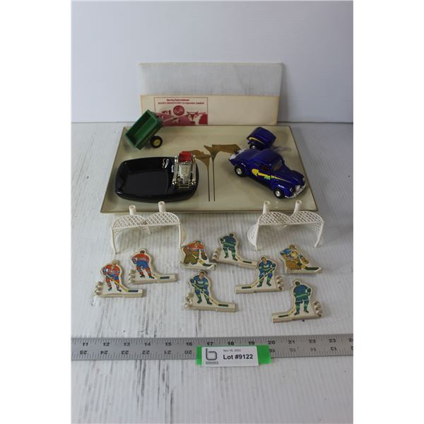 Lacquerware Tray, Blue Metal Car With Trailer, John Deere Toy Trailer, (2) Dairy Producer Hats, Asht