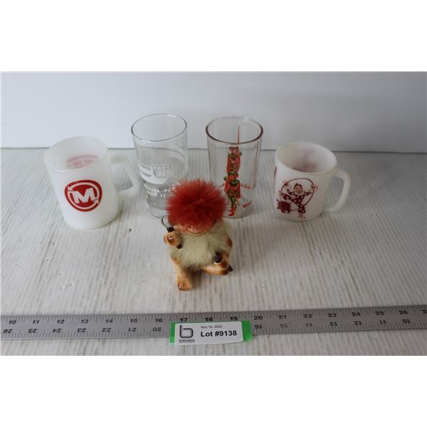 (2) Glasses - Robin Hood, Chrysler Regina Parts Plane, (2) Mugs - Clown, Morris, Caveman Ornament