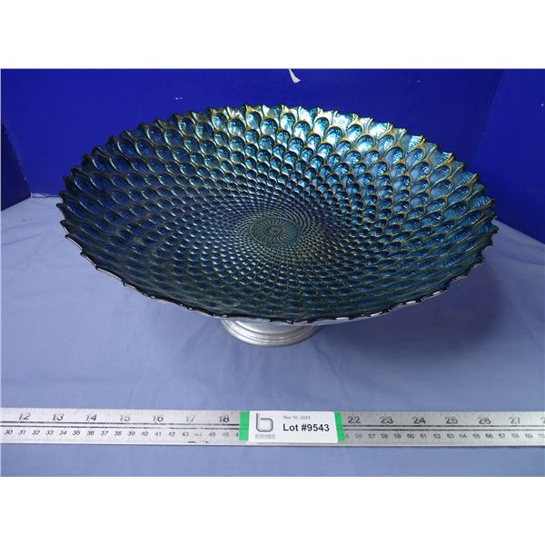 13" Peacock Teal Green Forged Silver Glass Pedestal Footed Platter