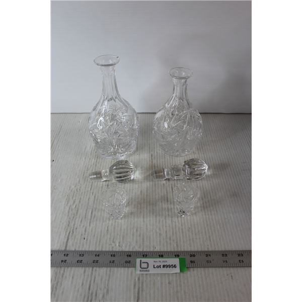 (2) Pinwheel Crystal Decanters With Stoppers, (2) Pinwheel Crystal Shot Glasses