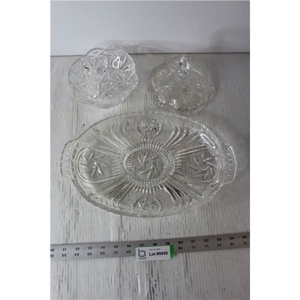 Pinwheel Crystal Divided Dish; Pinwheel Crystal Footed Candy Bowl With Lid