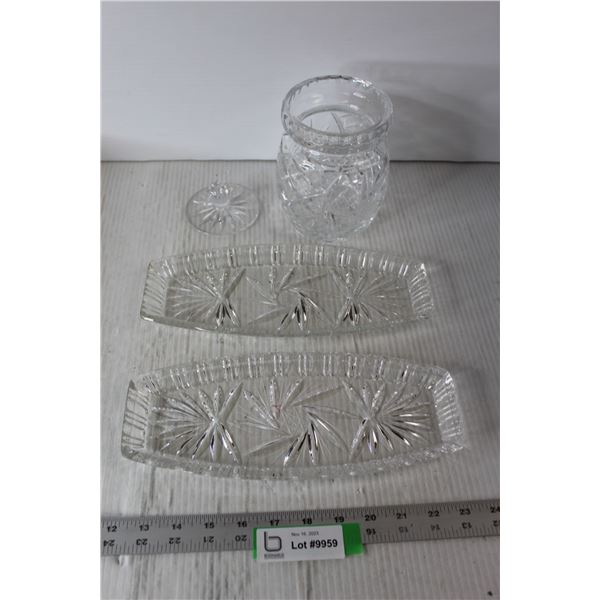 (2) Pinwheel Crystal Trays; Pinwheel Crystal Biscuit Jar With Lid