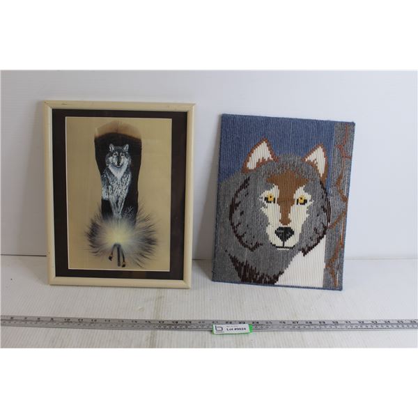 Wolf on feather Picture Wood Frame - 12 x15 , Wolf Hand Stitched - 11 x14 