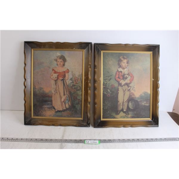 (2) Vintage Wood Framed Girl & Boy Portrait 20" x 15"