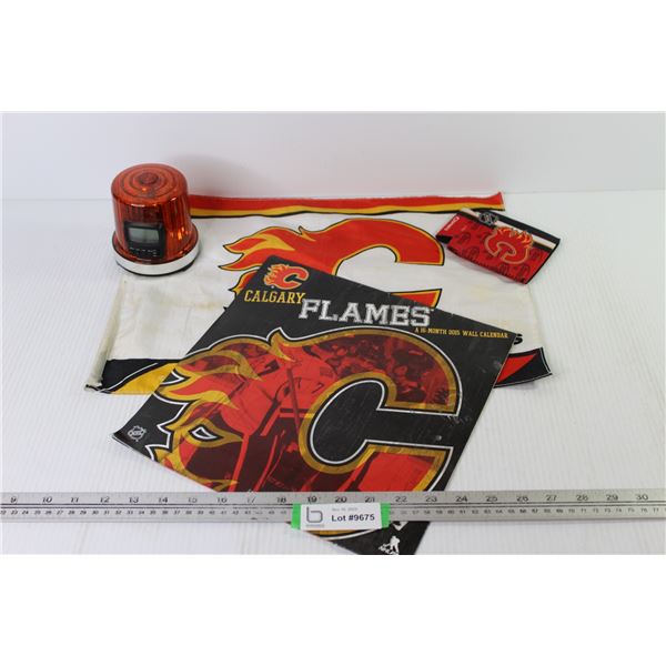 Calgary Flames Flag - Calgary Flames 2015 Calendar - Beer Cozy - Yellow Light Alarm Clock