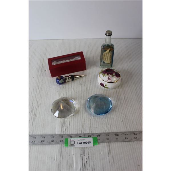 Ship In Glass Bottle; "Globe" Stopper; (2) Glass Paper Weights; 40th Anniversary Covered Dish