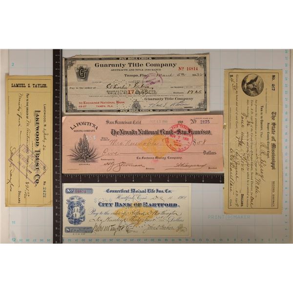 5-VINTAGE CANCELLED BANK CHECKS: 1901, 1902, 1909,