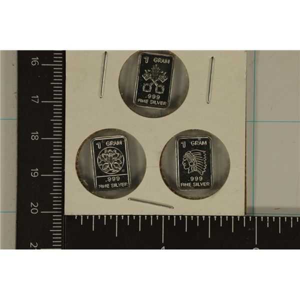 3-1 GRAM .999 FINE SILVER INGOTS: INDIAN, CROWN &