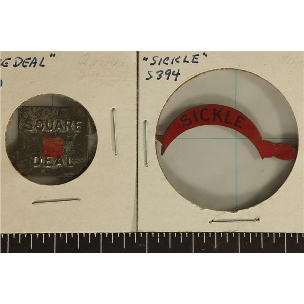 2 VINTAGE METAL TOBACCO TAGS "SQUARE DEAL" &