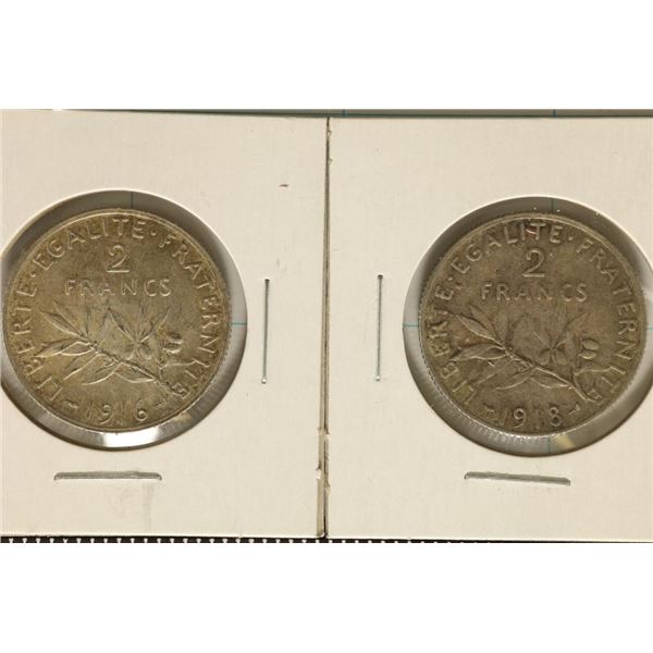 1916 & 1918 FRANCE SILVER 2 FRANCS .537 OZ. ASW