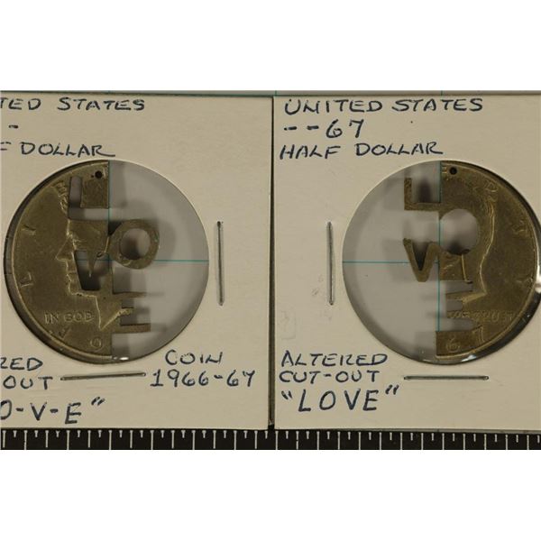 2 ALTERED JFK HALF DOLLARS. 1967 & 19??. WITH HOLE