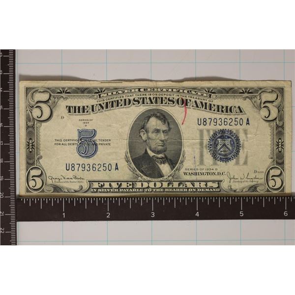 1934-D US $5 SILVER CERTIFICATE BLUE SEAL, INK ON