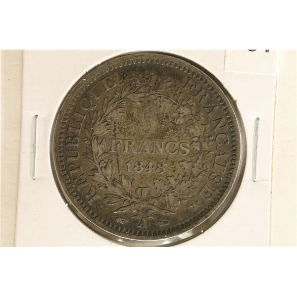 1848-A FRANCE SILVER 5 FRANCS .7234 OZ. ASW