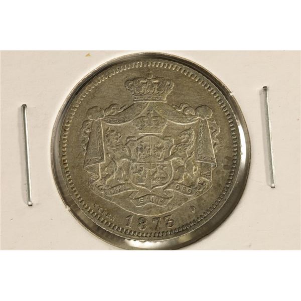 1875 ROMANIA SILVER 1 LEU .1342 OZ. ASW