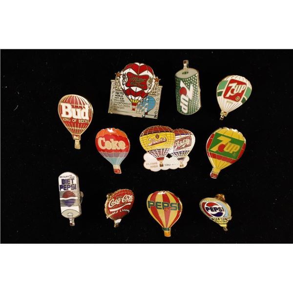 11 ASSORTED DRINK PINBACKS: 7-UP, BUD "KING OF