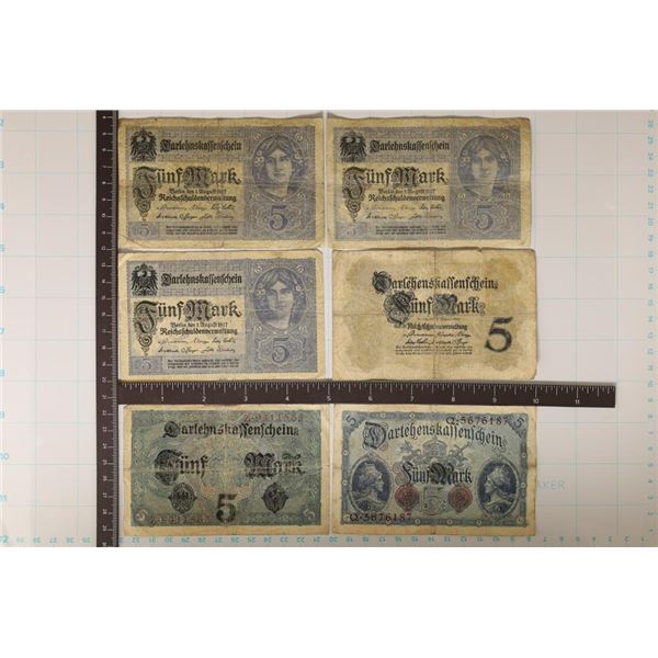 6-GERMAN 5 MARK BILLS: 2-1914 AND 4-1917