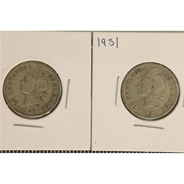 1947 & 1951 DOMINICAN REPUBLIC SILVER 25 CENTAVOS