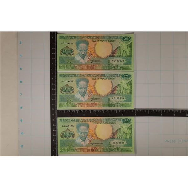 3-1988 SURINAME 25 GULDEN CRISP UNC NOTES