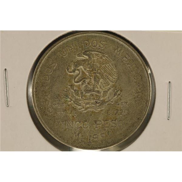 1952 MEXICO SILVER 5 PESO COIN. .6431 OZ. ASW