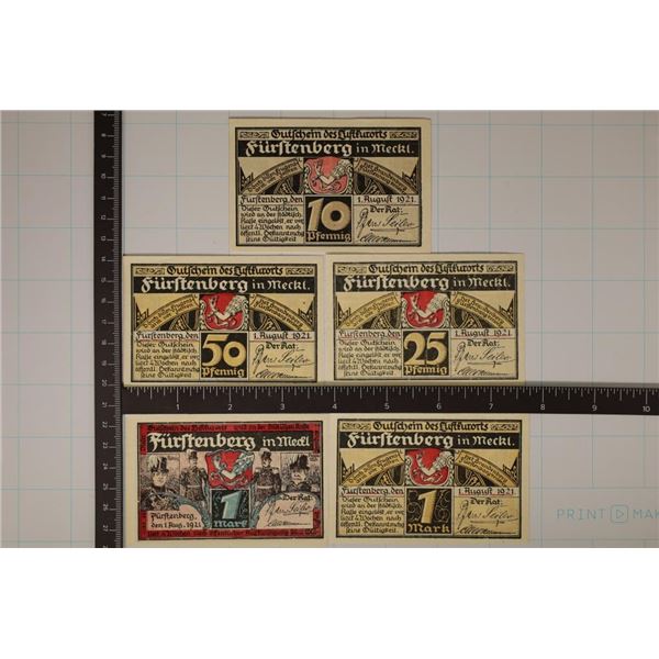 5-1921 GERMAN FURSTENBERG CU NOTGELDS: 10