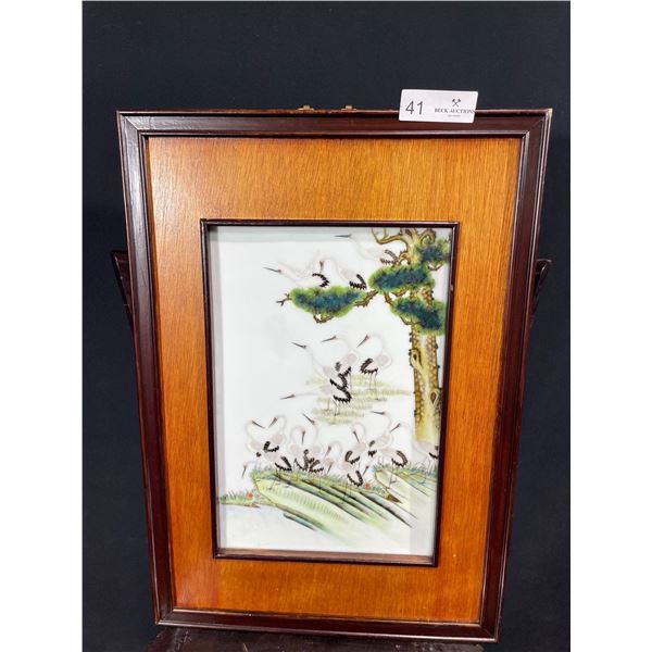 Beautiful Japanese Cultural Art, Cranes On Pine Tree, Painted On Ceramic, 22L x 15.5W