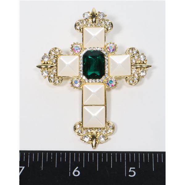 NEW GREEN RHINESTONE FAUX PEARL CROSS