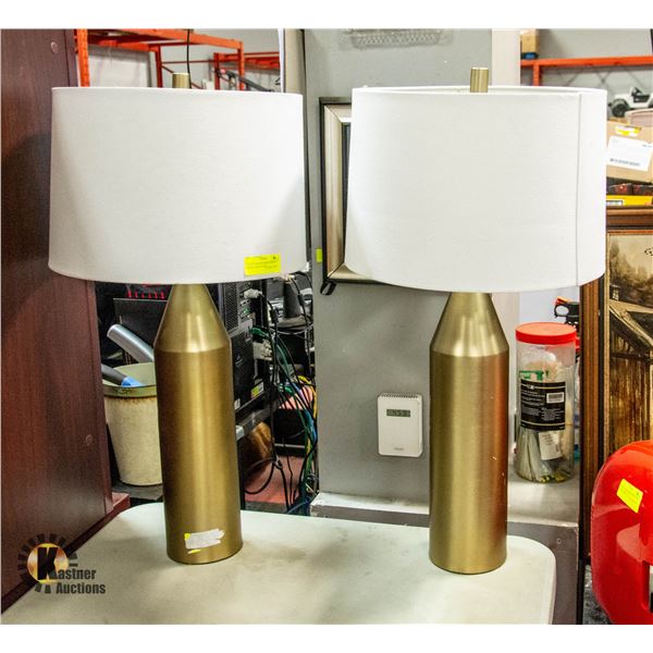 PAIR OF BRASS LAMPS 30" WITH WHITE LAMP SHADES