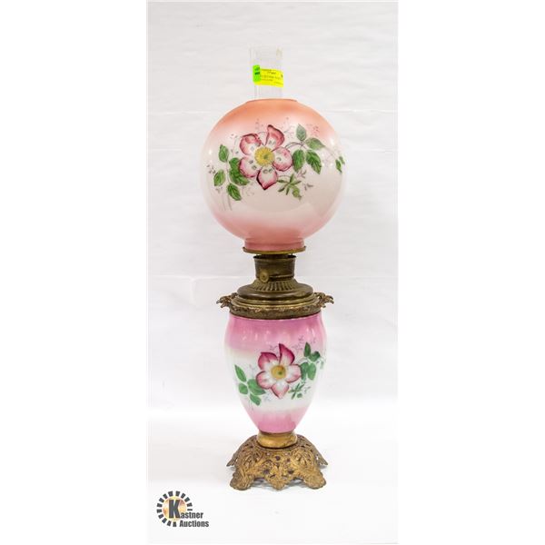 ANTIQUE 28 T PINK/ FLORAL HURRICANE LAMP