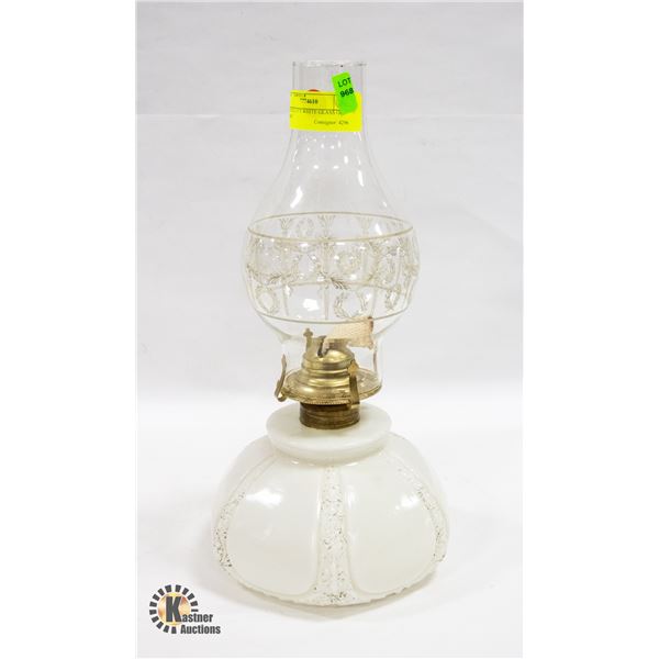 ANTIQUE 15"T WHITE GLASS OIL LAMP