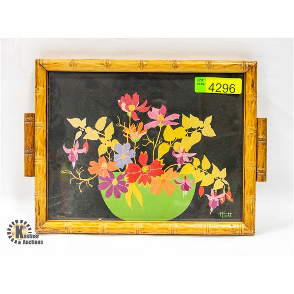 WOOD FRAMED FLORAL SERVING TRAY 5.5" X 11"