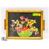 Image 1 : WOOD FRAMED FLORAL SERVING TRAY 5.5" X 11"