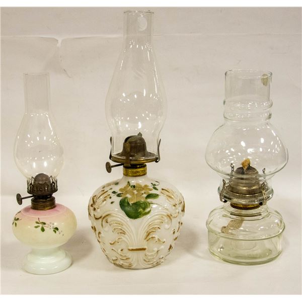 LOT OF 3 VARIOUS ANTIQUE OIL LAMPS